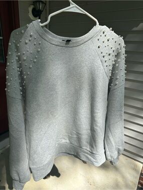 Express Pearl-Embellished Light Gray Sweatshirt
